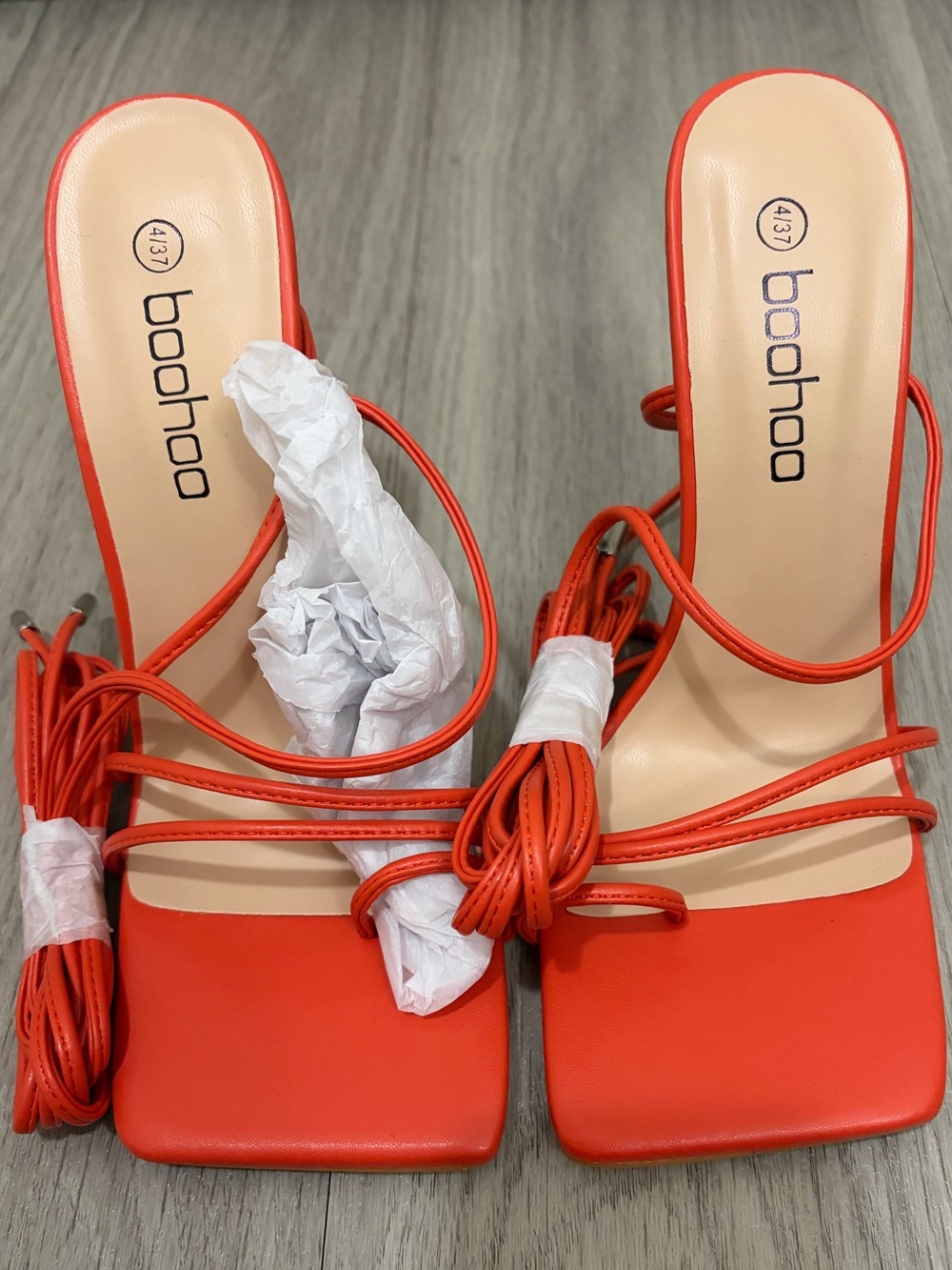 New Boohoo Orange Lace-Up Square Toe Heels